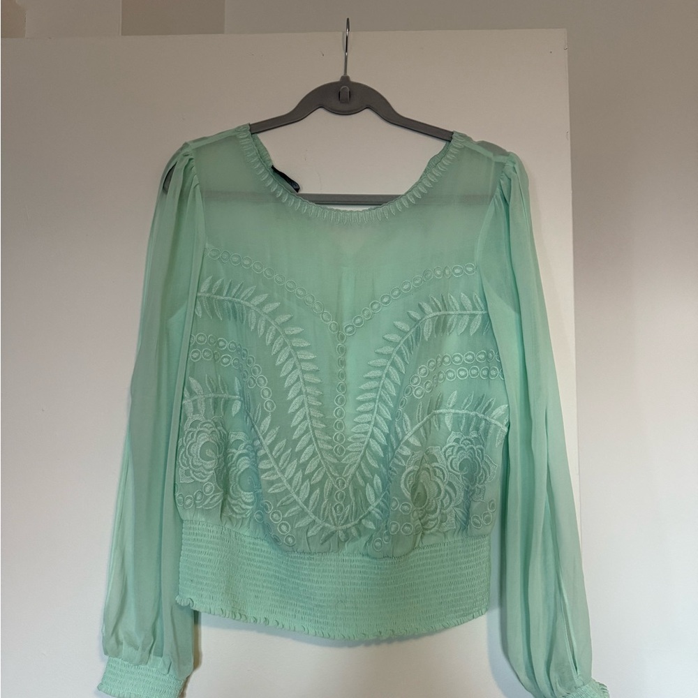 Bebe Green Sheer Embellished Blouse